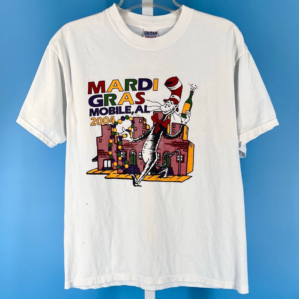 Y2K Cat in the Hat Mardi Gras Double Sided T-shirt 2000s Vintage Dr Suess Medium